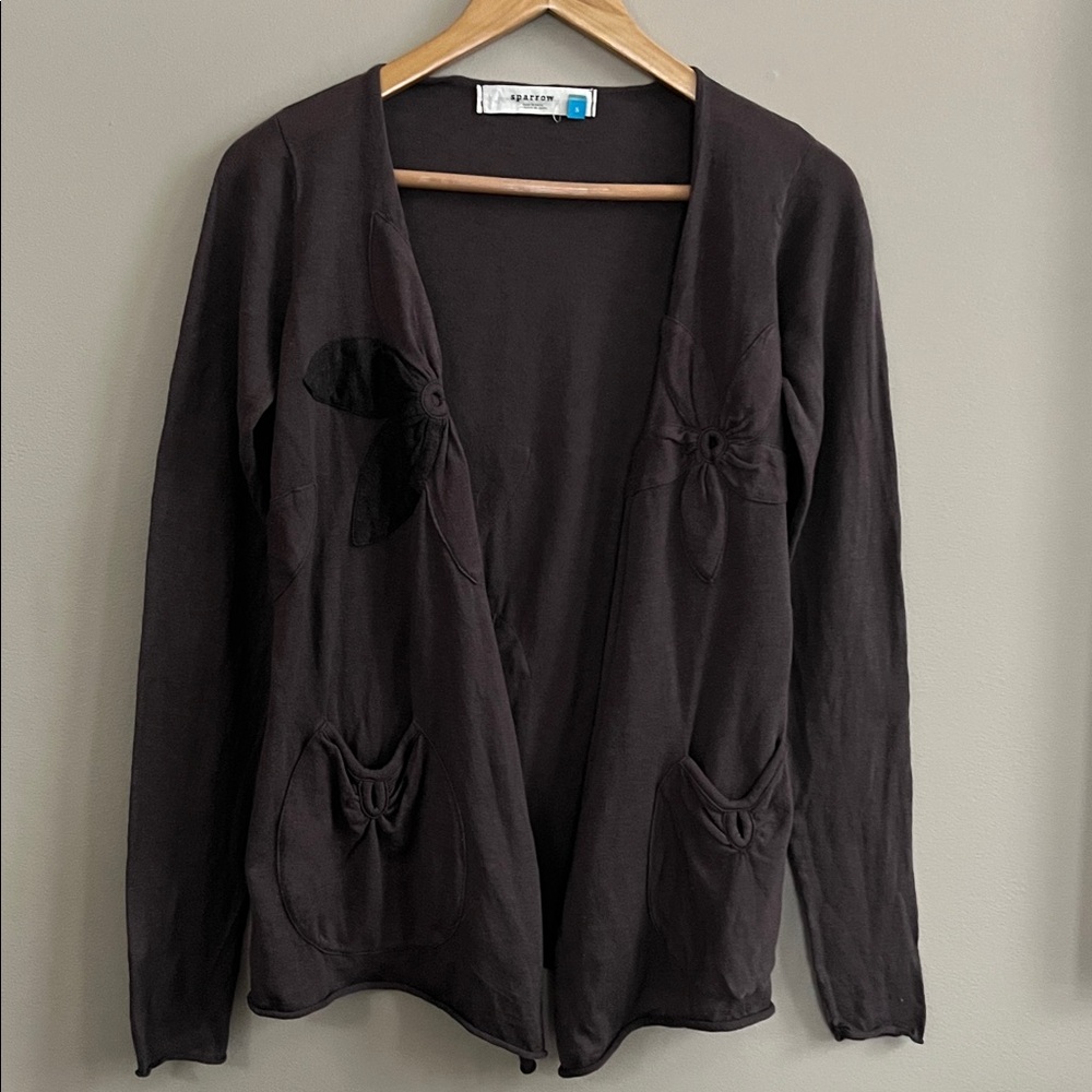 Anthropologie Sparrow Open Front Linen/Cotton Flower Detail Cardigan size small